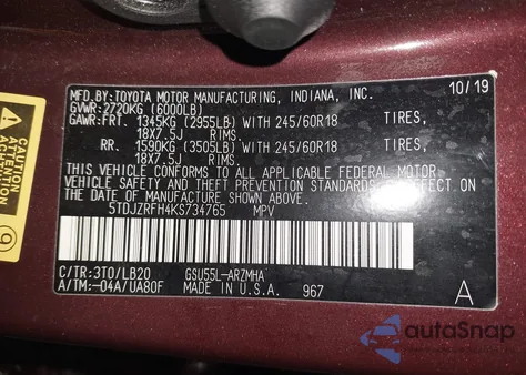 2019 Toyota Highlander Xle z USA, uszkodzony, nr VIN 5TDJZRFH4KS734765